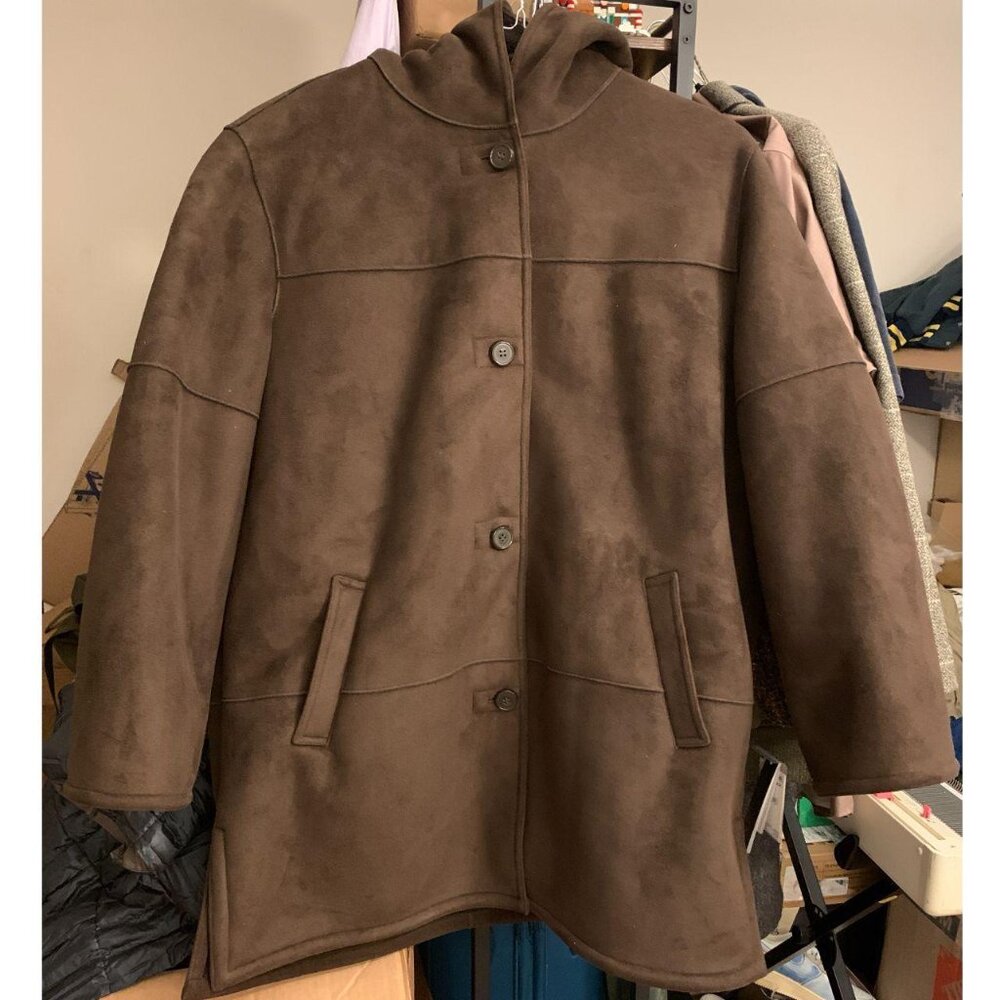 Y2K Liz Claiborne Faux Suede Fleece Lined Hooded Chocolate Brown Coat - Size XL